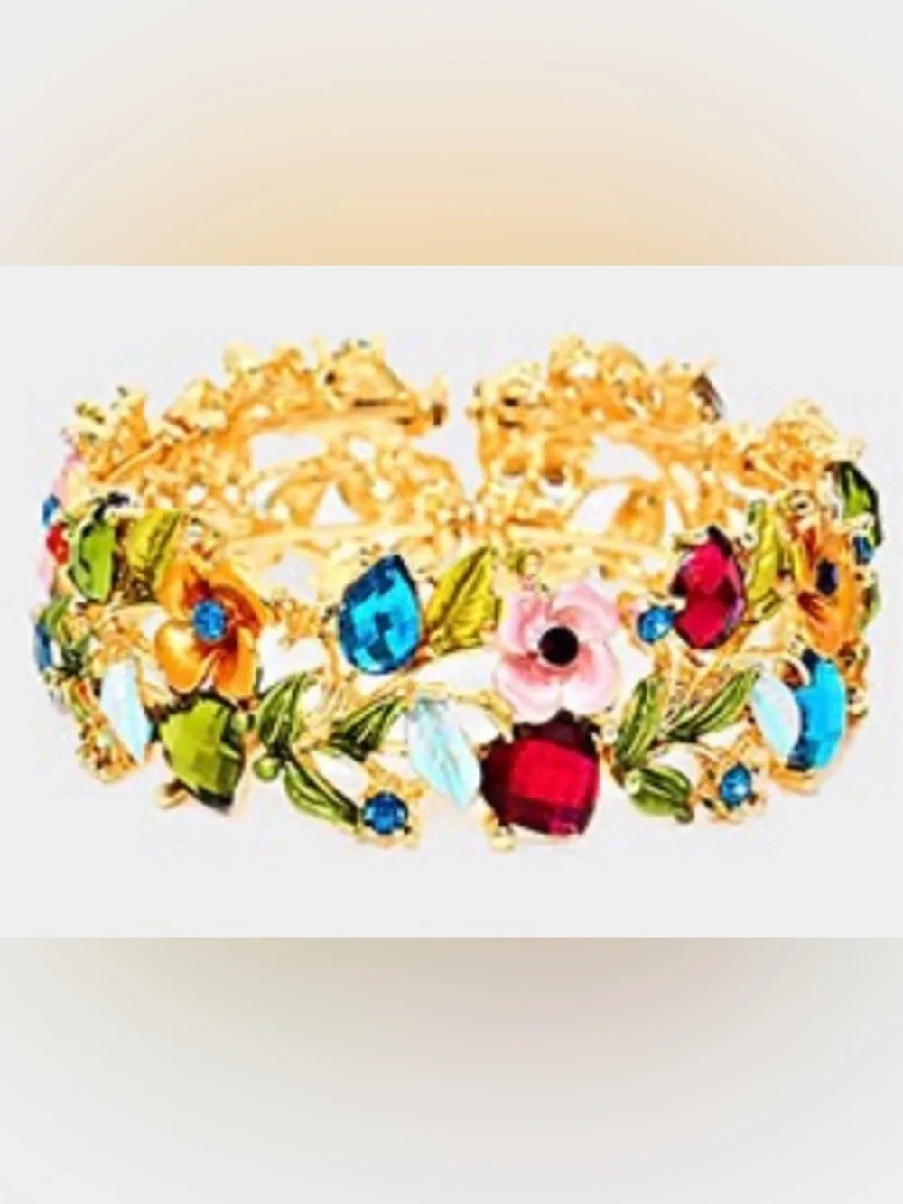 Gold Tone Women’s Floral Bracelet with Blue Crystal Accents